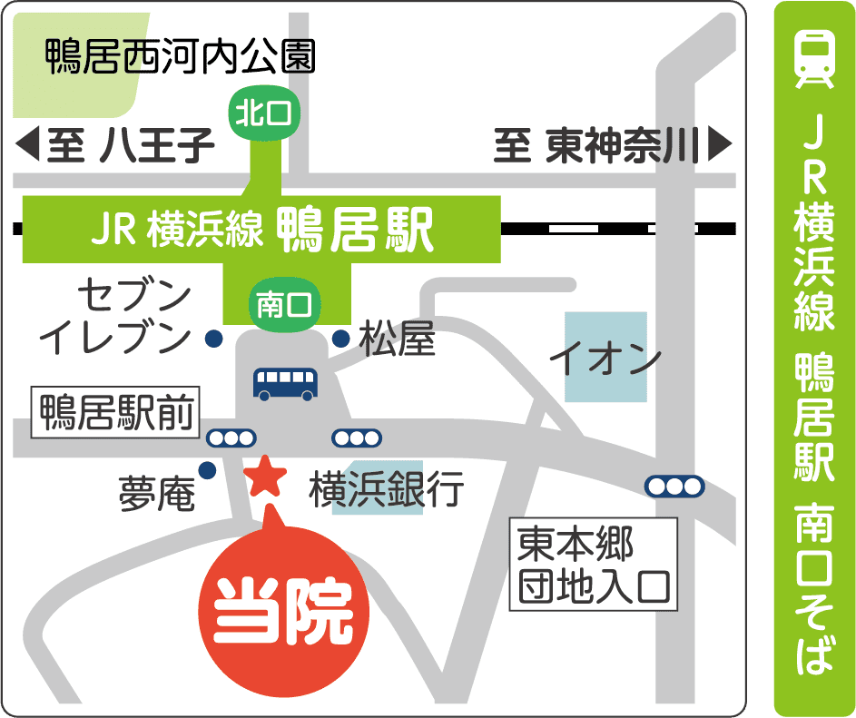 鴨居駅南口そばの「鴨居つむぎ小児科・皮膚科」周辺イラストマップ。横浜銀行・夢庵のすぐ近く。